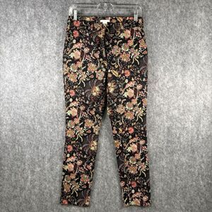 H&M Womens 8 Black Floral Flat Front Chinos Stretch Pants Trousers Slim Leg
